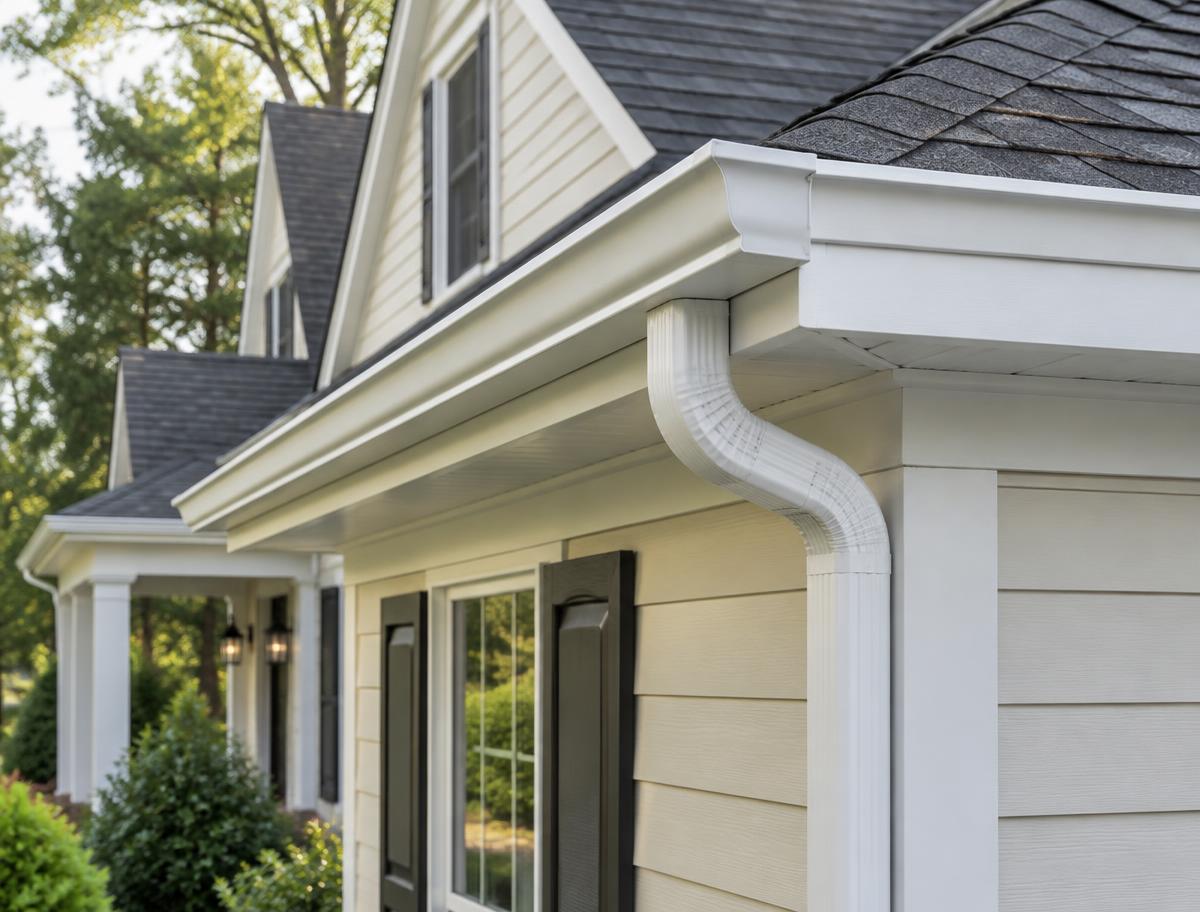 Illustrative view of a white K-style gutter and downspout along a home’s roofline