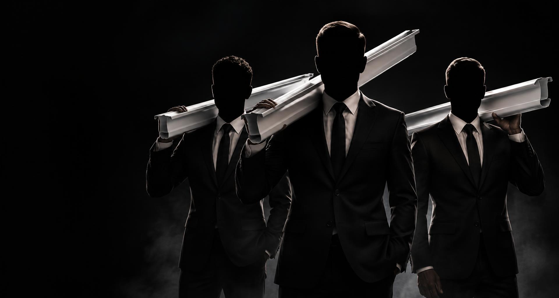 Three front-facing men in black suits with shadowed faces, each carrying a white aluminum K-style gutter over a shoulder